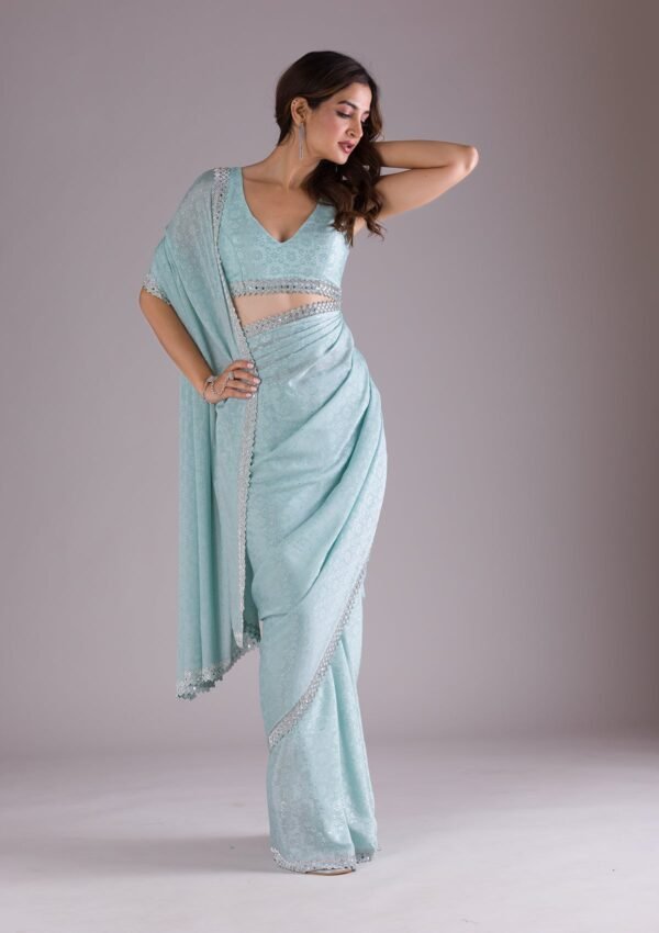 Elegant Sky Blue Semi Crepe Saree with Stunning Stonework - Image 4