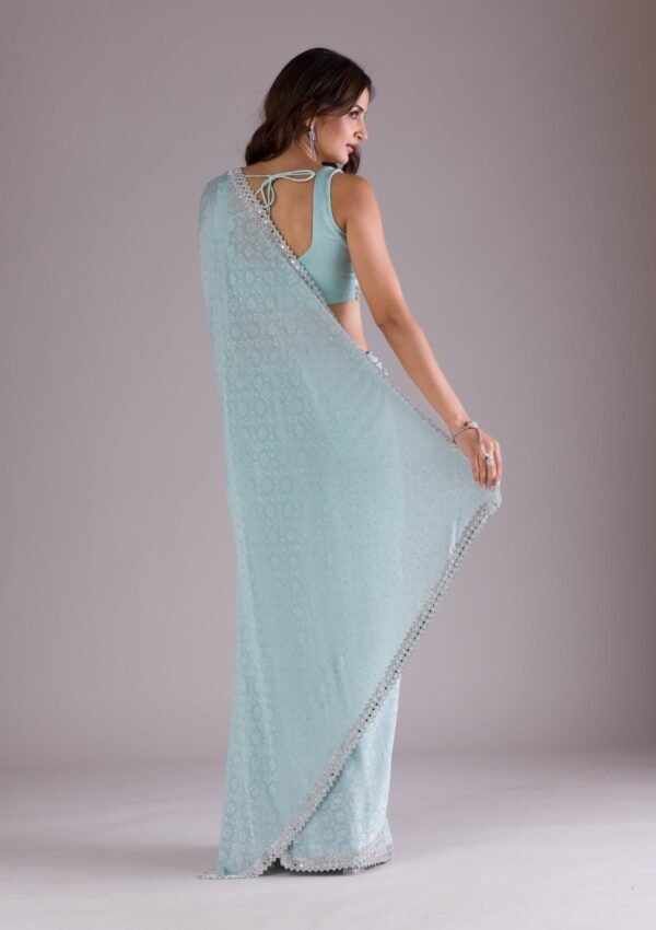 Elegant Sky Blue Semi Crepe Saree with Stunning Stonework - Image 2