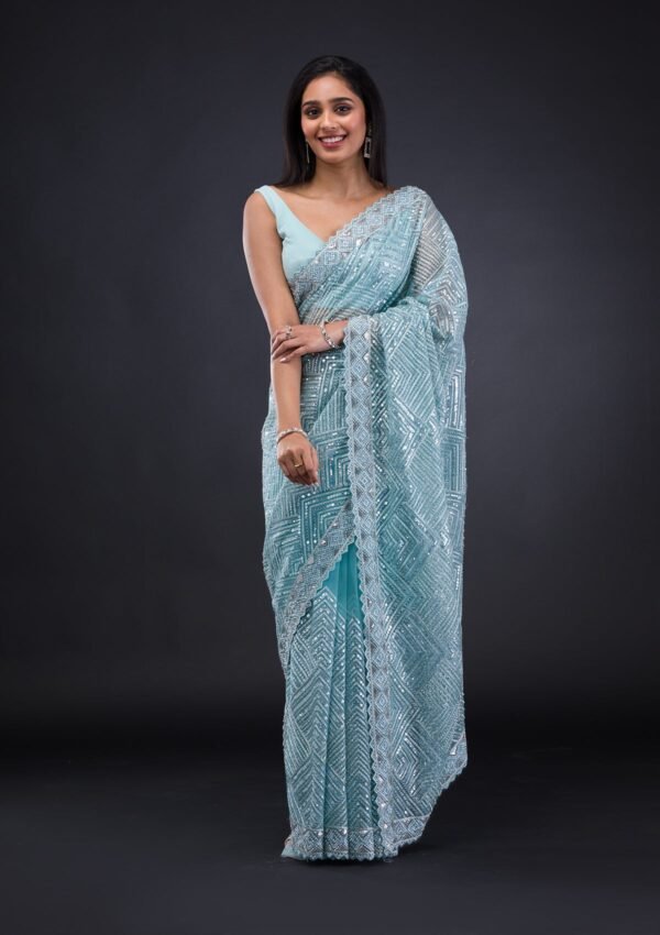Exquisite Sky Blue Threadwork Net Saree for Elegant Occasions - Image 3