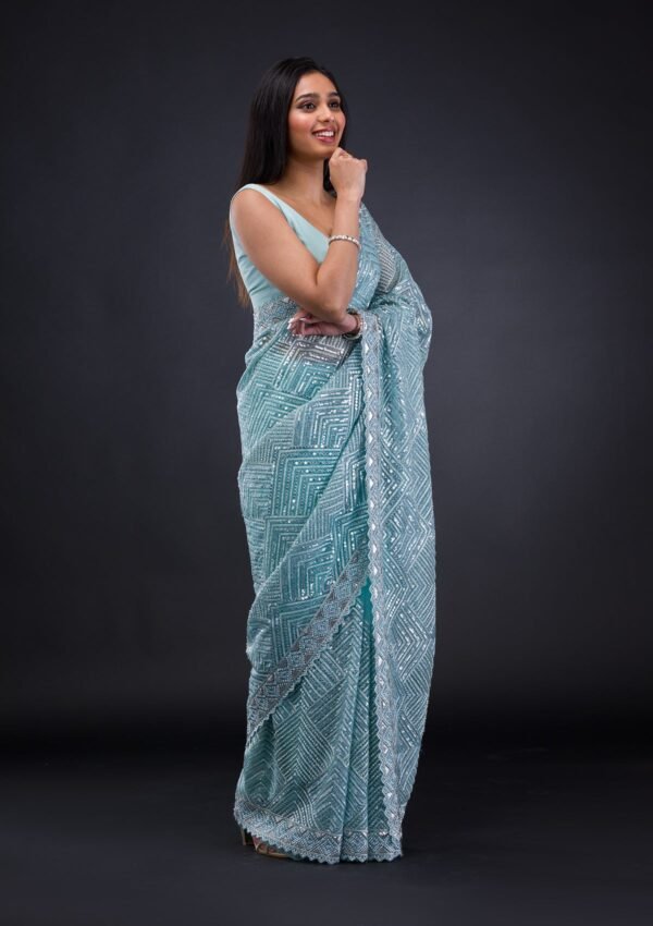 Exquisite Sky Blue Threadwork Net Saree for Elegant Occasions - Image 5