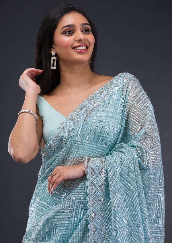 Exquisite Sky Blue Threadwork Net Saree for Elegant Occasions - Image 6