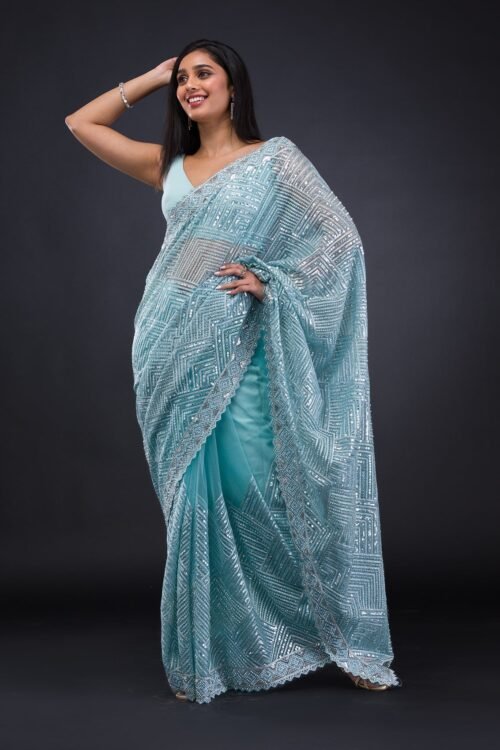 Exquisite Sky Blue Threadwork Net Saree for Elegant Occasions