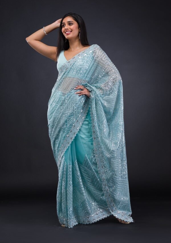 Exquisite Sky Blue Threadwork Net Saree for Elegant Occasions