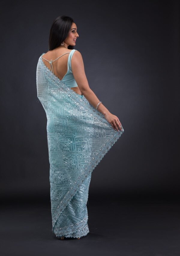 Exquisite Sky Blue Threadwork Net Saree for Elegant Occasions - Image 2