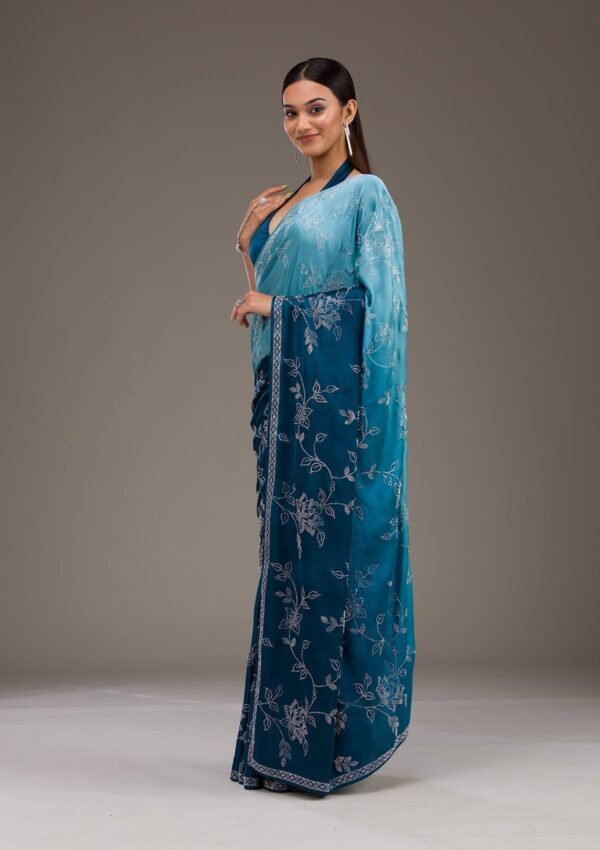 Stunning Turquoise Blue Satin Saree with Intricate Stonework - Image 3