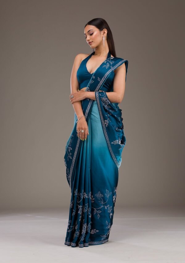 Elegant Turquoise Blue Satin Saree with Stunning Stonework - Image 4