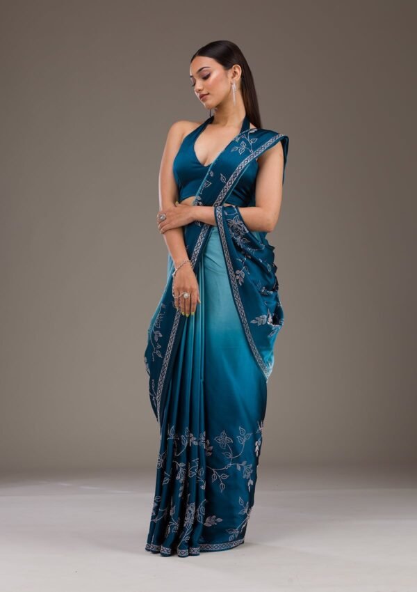 Stunning Turquoise Blue Satin Saree with Intricate Stonework - Image 4