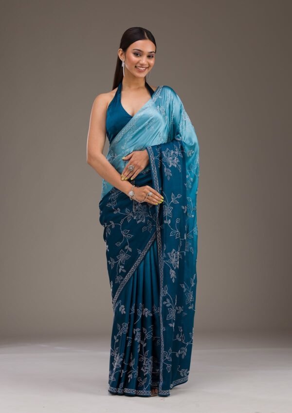 Stunning Turquoise Blue Satin Saree with Intricate Stonework - Image 5