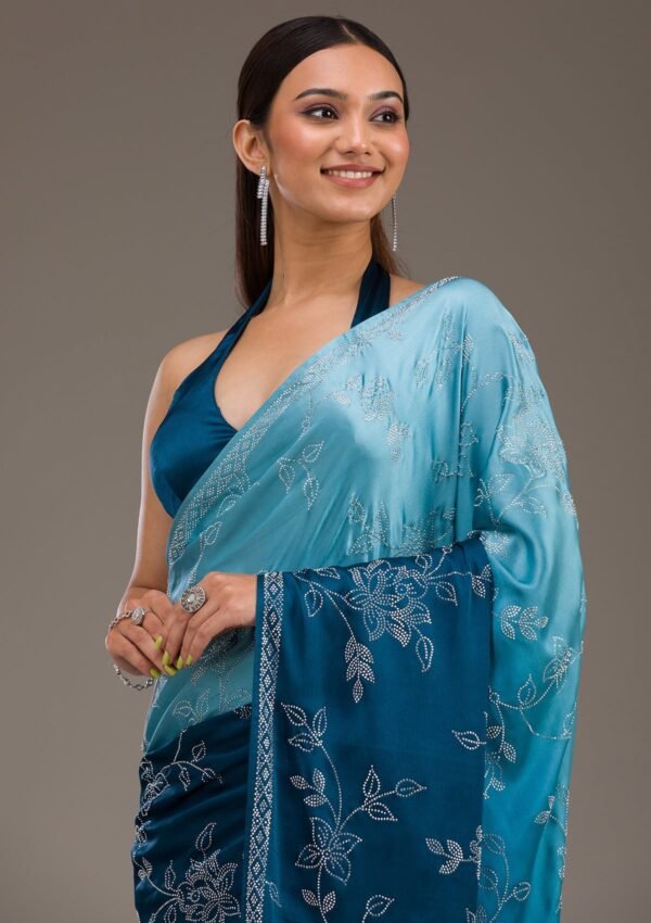 Elegant Turquoise Blue Satin Saree with Stunning Stonework - Image 7