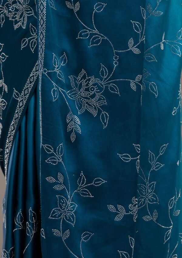 Stunning Turquoise Blue Satin Saree with Intricate Stonework - Image 8