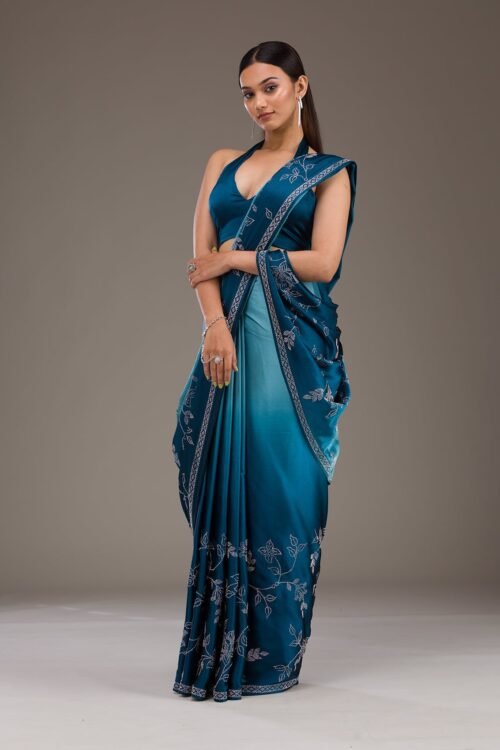 Elegant Turquoise Blue Satin Saree with Stunning Stonework