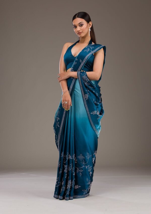 Stunning Turquoise Blue Satin Saree with Intricate Stonework