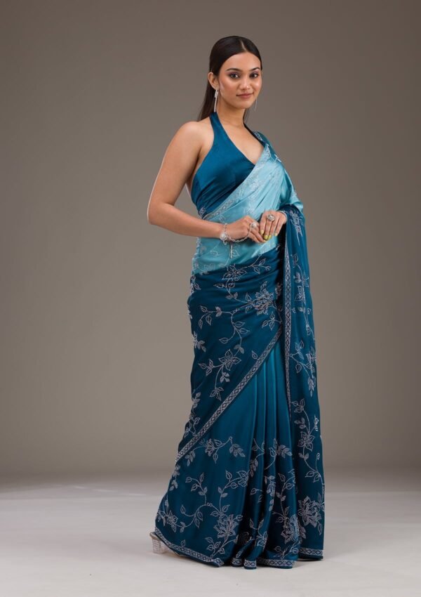 Stunning Turquoise Blue Satin Saree with Intricate Stonework - Image 6