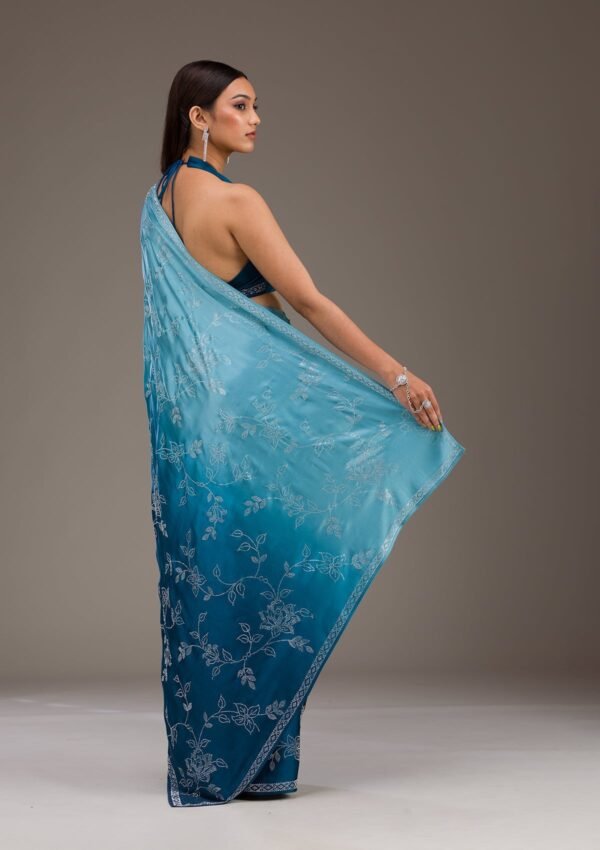 Elegant Turquoise Blue Satin Saree with Stunning Stonework - Image 2
