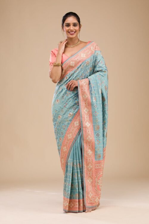 Stunning Turquoise Blue Semi Crepe Saree with Elegant Threadwork