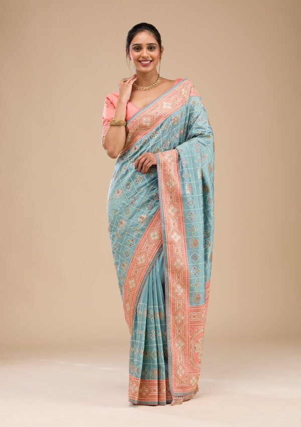 Stunning Turquoise Blue Semi Crepe Saree with Elegant Threadwork