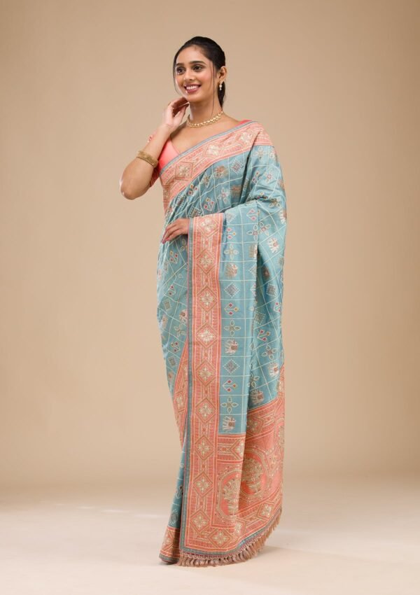 Stunning Turquoise Blue Semi Crepe Saree with Elegant Threadwork - Image 3