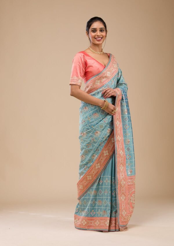 Stunning Turquoise Blue Semi Crepe Saree with Elegant Threadwork - Image 4