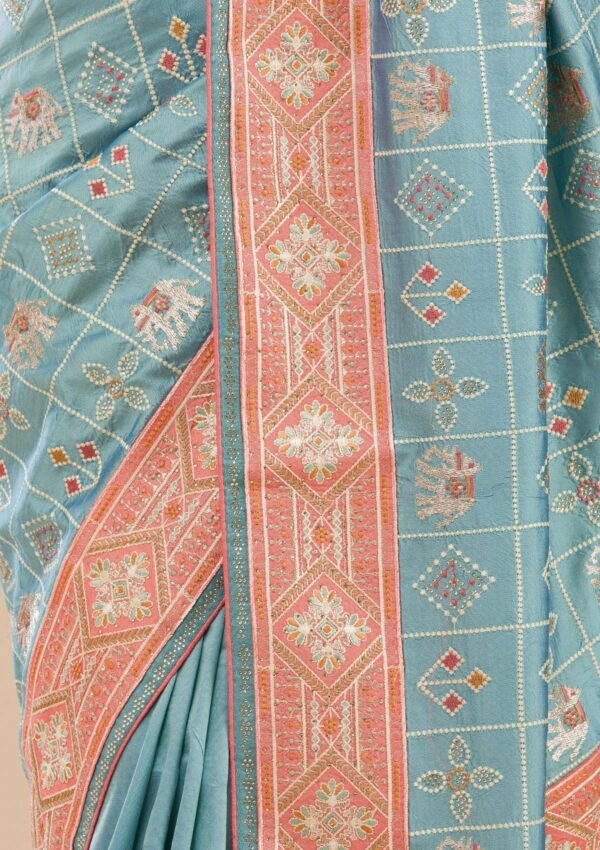 Stunning Turquoise Blue Semi Crepe Saree with Elegant Threadwork - Image 8