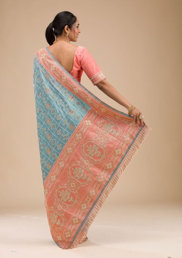 Stunning Turquoise Blue Semi Crepe Saree with Elegant Threadwork - Image 2