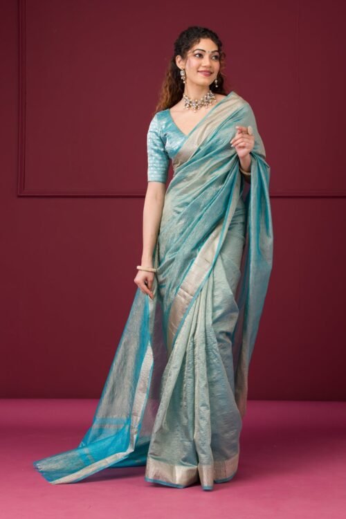 Elegant Turquoise Blue Tissue Saree with Exquisite Zariwork