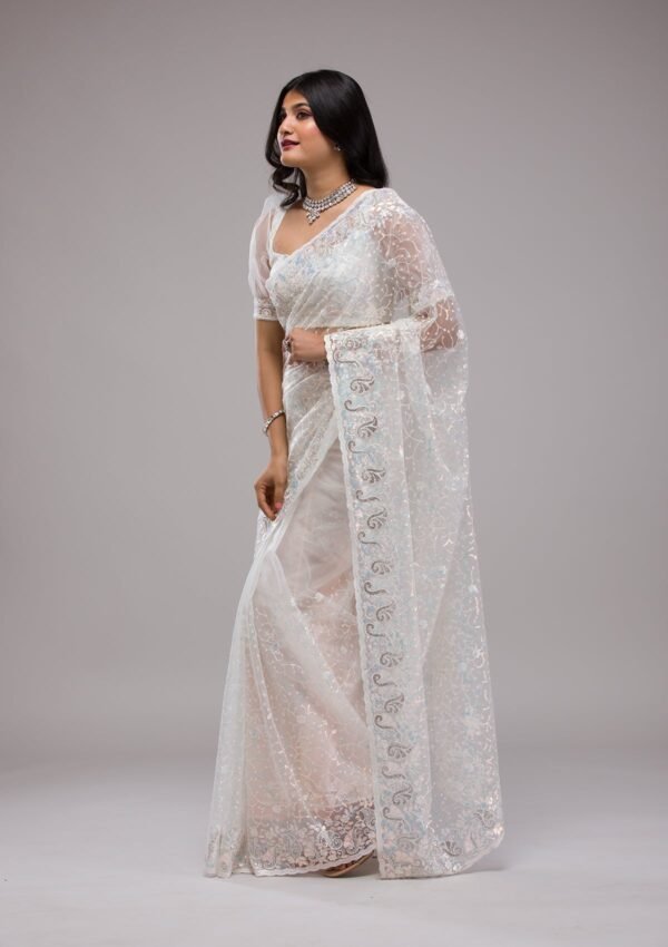 Glamorous White Sequined Net Saree for a Stunning Look - Image 4