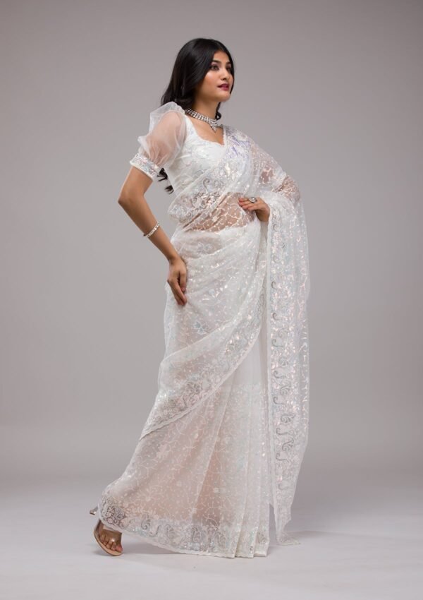 Glamorous White Sequined Net Saree for a Stunning Look - Image 5