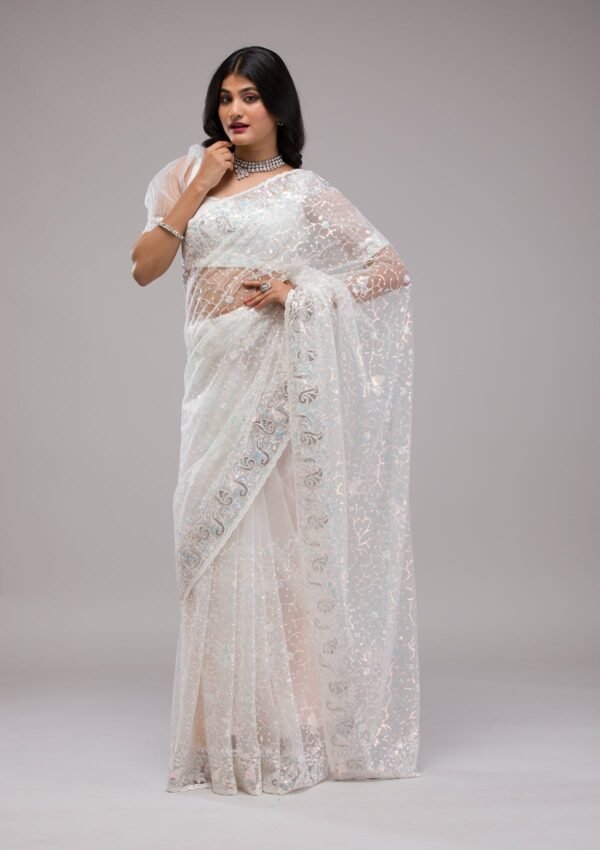 Glamorous White Sequined Net Saree for a Stunning Look - Image 6