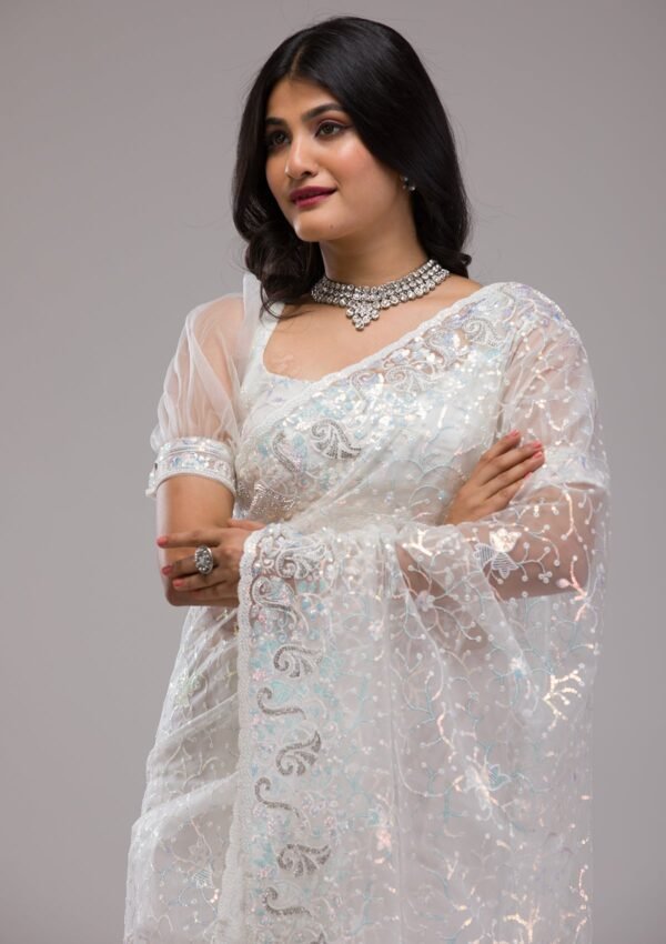 Glamorous White Sequined Net Saree for a Stunning Look - Image 7