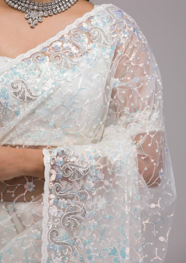 Glamorous White Sequined Net Saree for a Stunning Look - Image 2