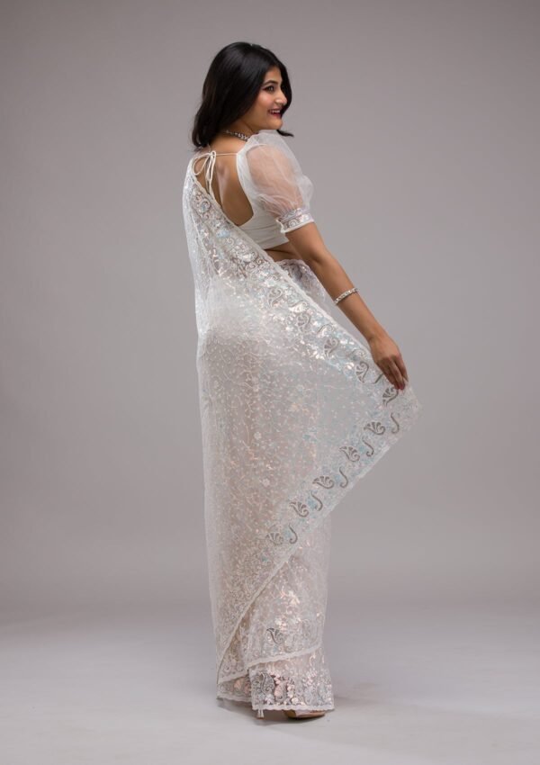 Glamorous White Sequined Net Saree for a Stunning Look - Image 3