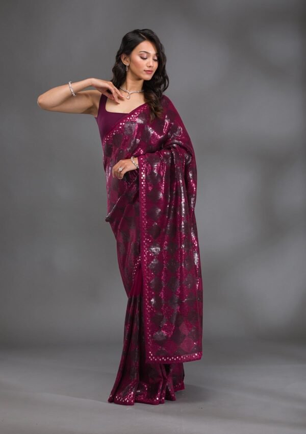 Glamorous Wine Sequined Georgette Saree - Image 3