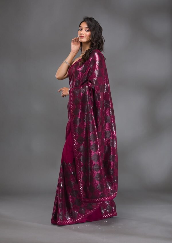 Glamorous Wine Sequined Georgette Saree - Image 4