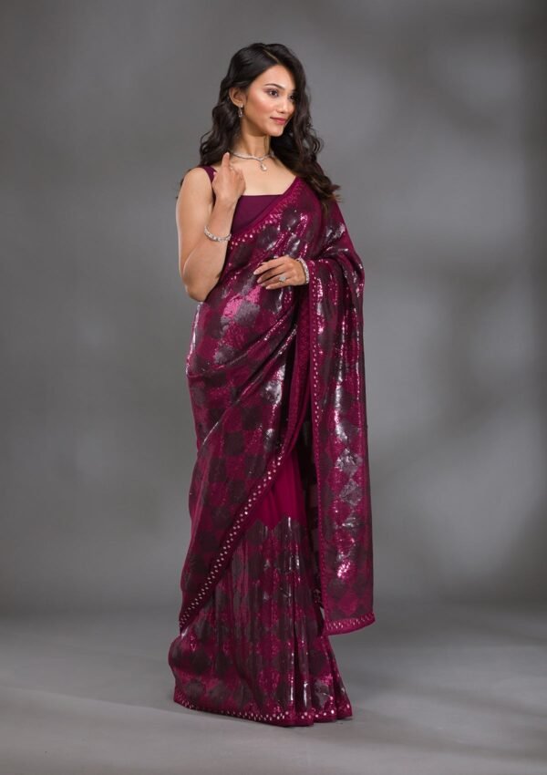 Glamorous Wine Sequined Georgette Saree - Image 5