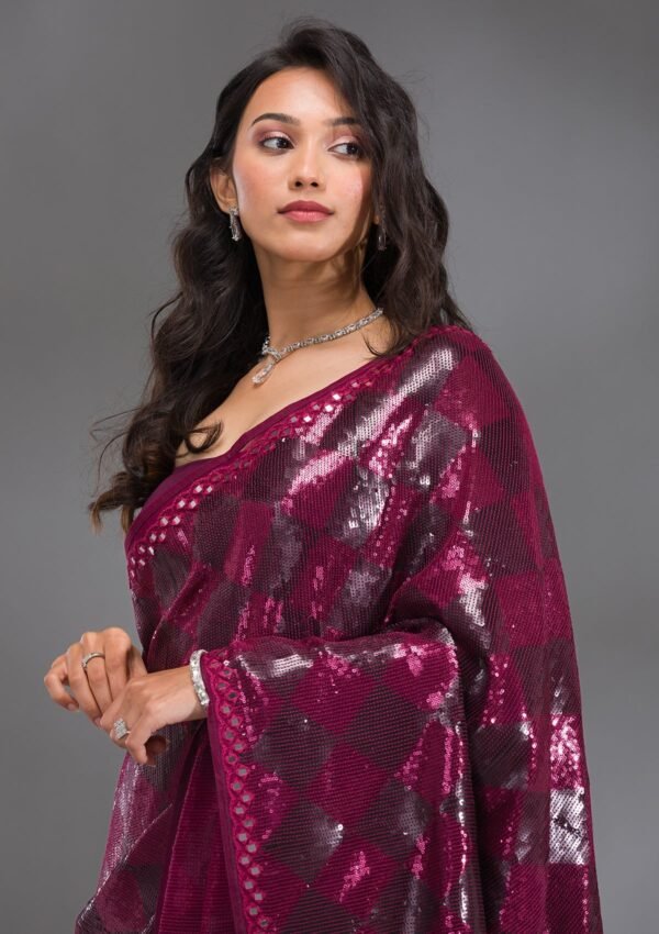 Glamorous Wine Sequined Georgette Saree - Image 7