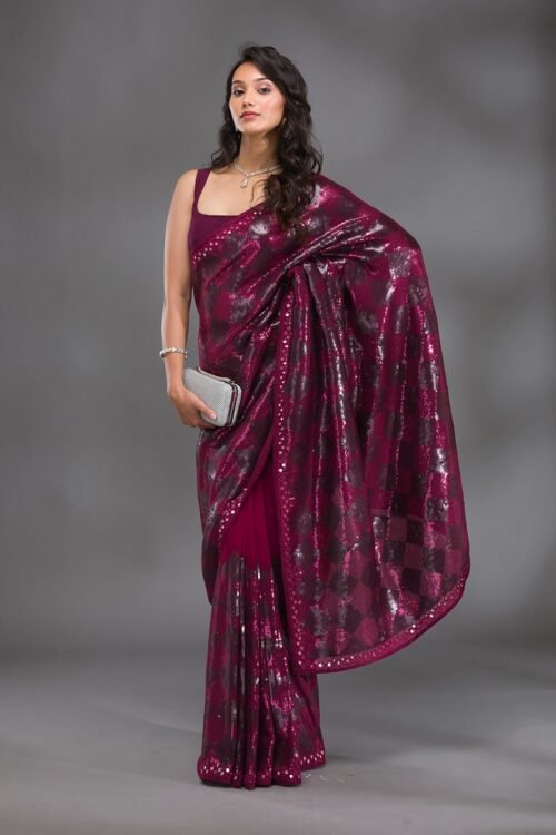 Glamorous Wine Sequined Georgette Saree