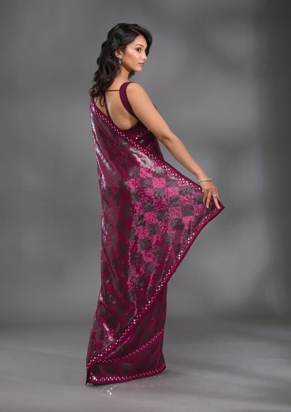 Glamorous Wine Sequined Georgette Saree - Image 2