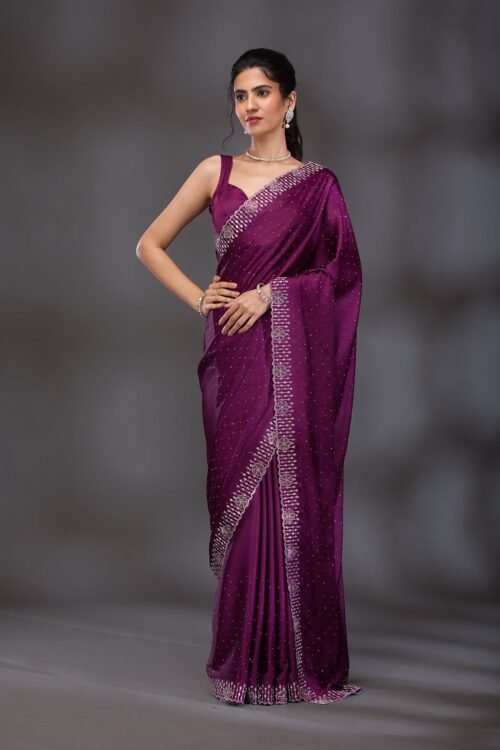 Elegant Wine Swarovski Embellished Satin Saree