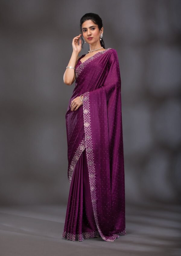 Elegant Wine Swarovski Embellished Satin Saree - Image 3