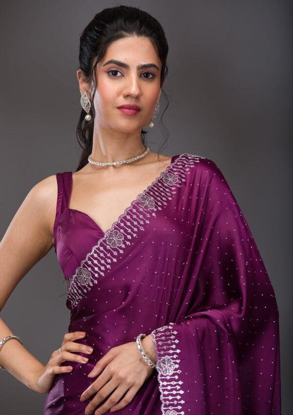 Elegant Wine Swarovski Embellished Satin Saree - Image 5