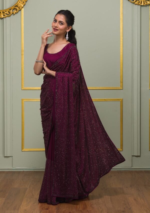 Elegantly Crafted Wine Swarovski Crepe Designer Saree - Image 6