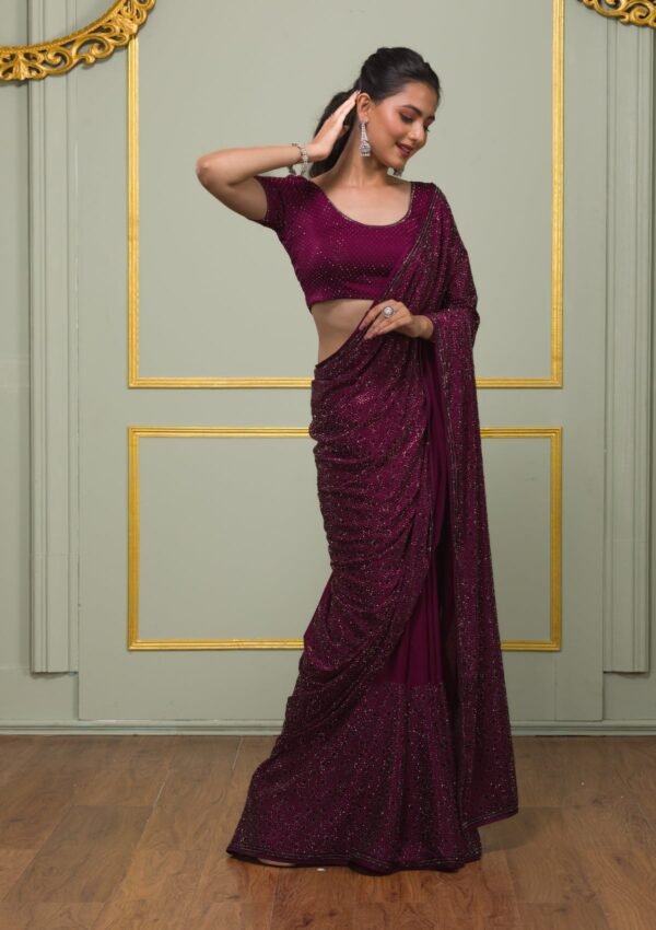 Elegantly Crafted Wine Swarovski Crepe Designer Saree - Image 5
