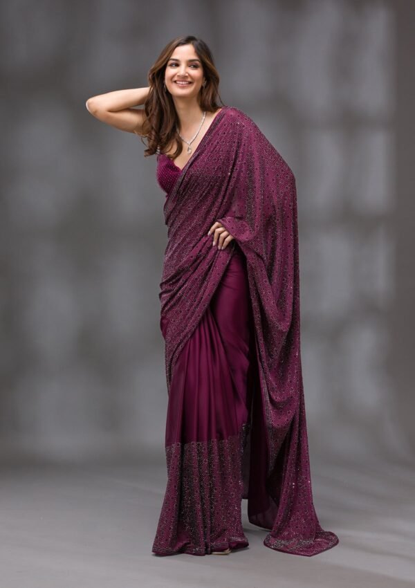 Elegantly Crafted Wine Swarovski Crepe Designer Saree - Image 3