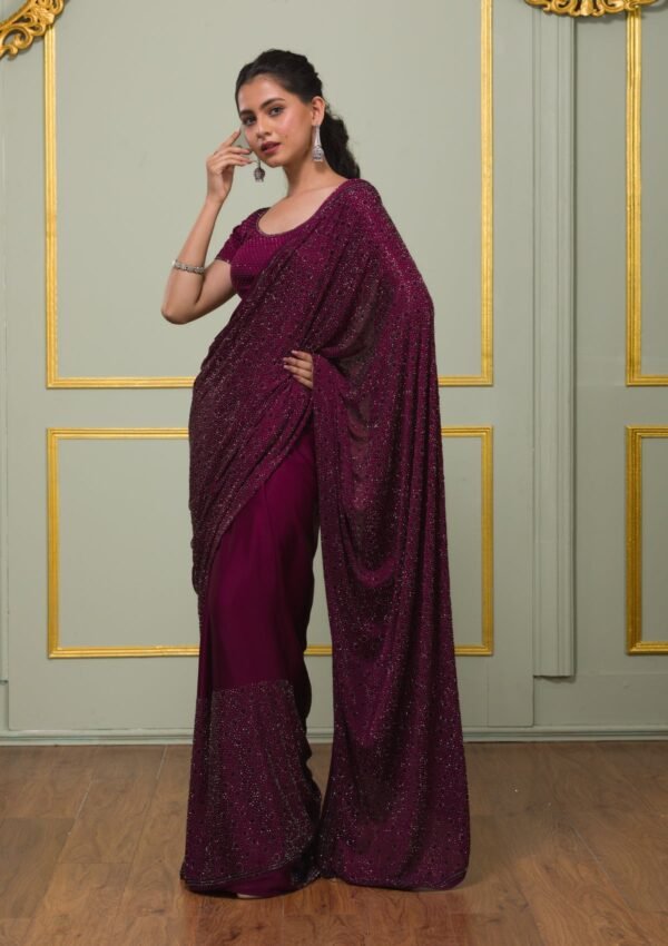 Elegantly Crafted Wine Swarovski Crepe Designer Saree - Image 4