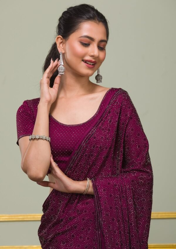 Elegantly Crafted Wine Swarovski Crepe Designer Saree - Image 8