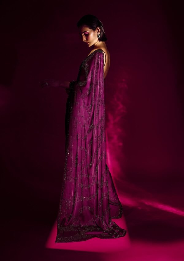 Elegant Wine Stonework Satin Designer Saree - Image 4