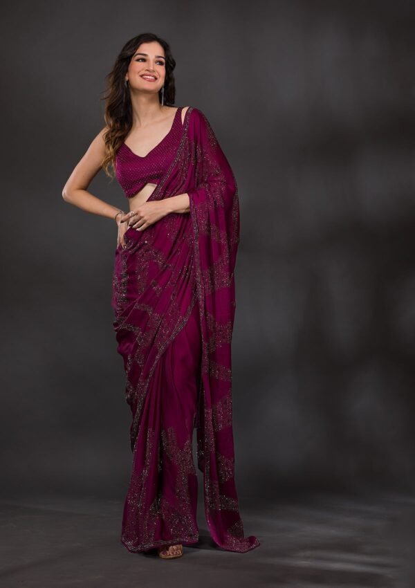 Elegant Wine Stonework Satin Designer Saree - Image 3
