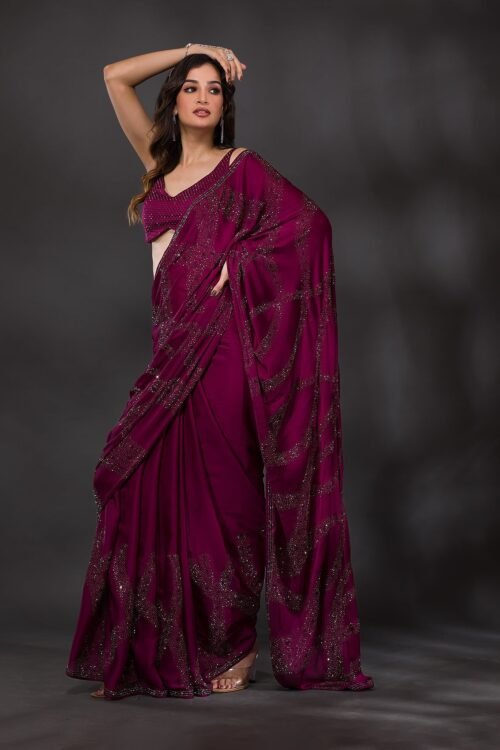 Elegant Wine Stonework Satin Designer Saree