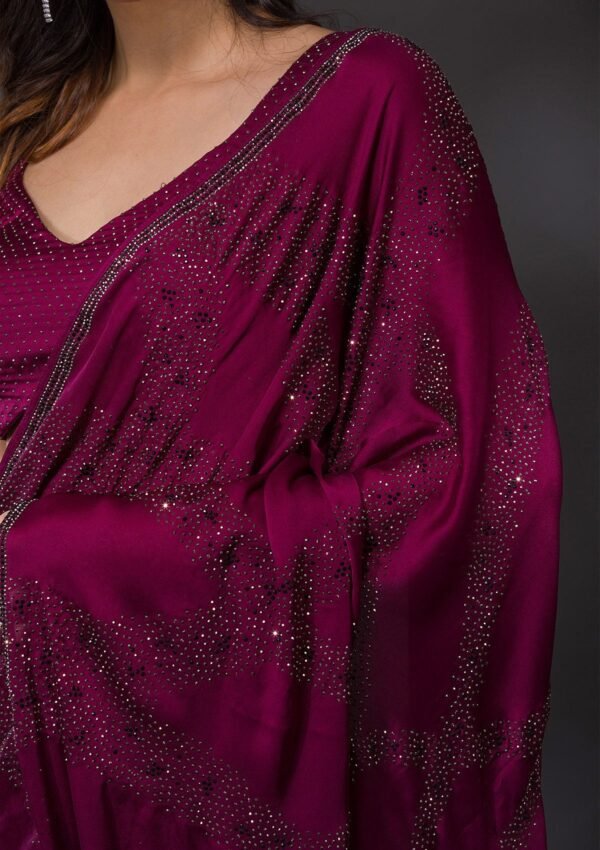 Elegant Wine Stonework Satin Designer Saree - Image 5