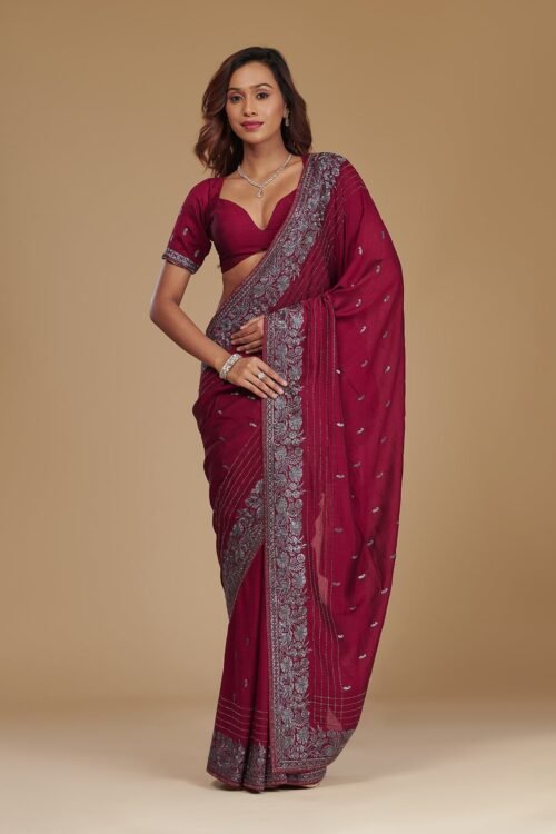 Elegant Wine Zariwork Georgette Saree